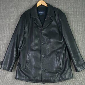 London Fog Leather Jacket Men's Large Black Button Front Zip In Liner Lined